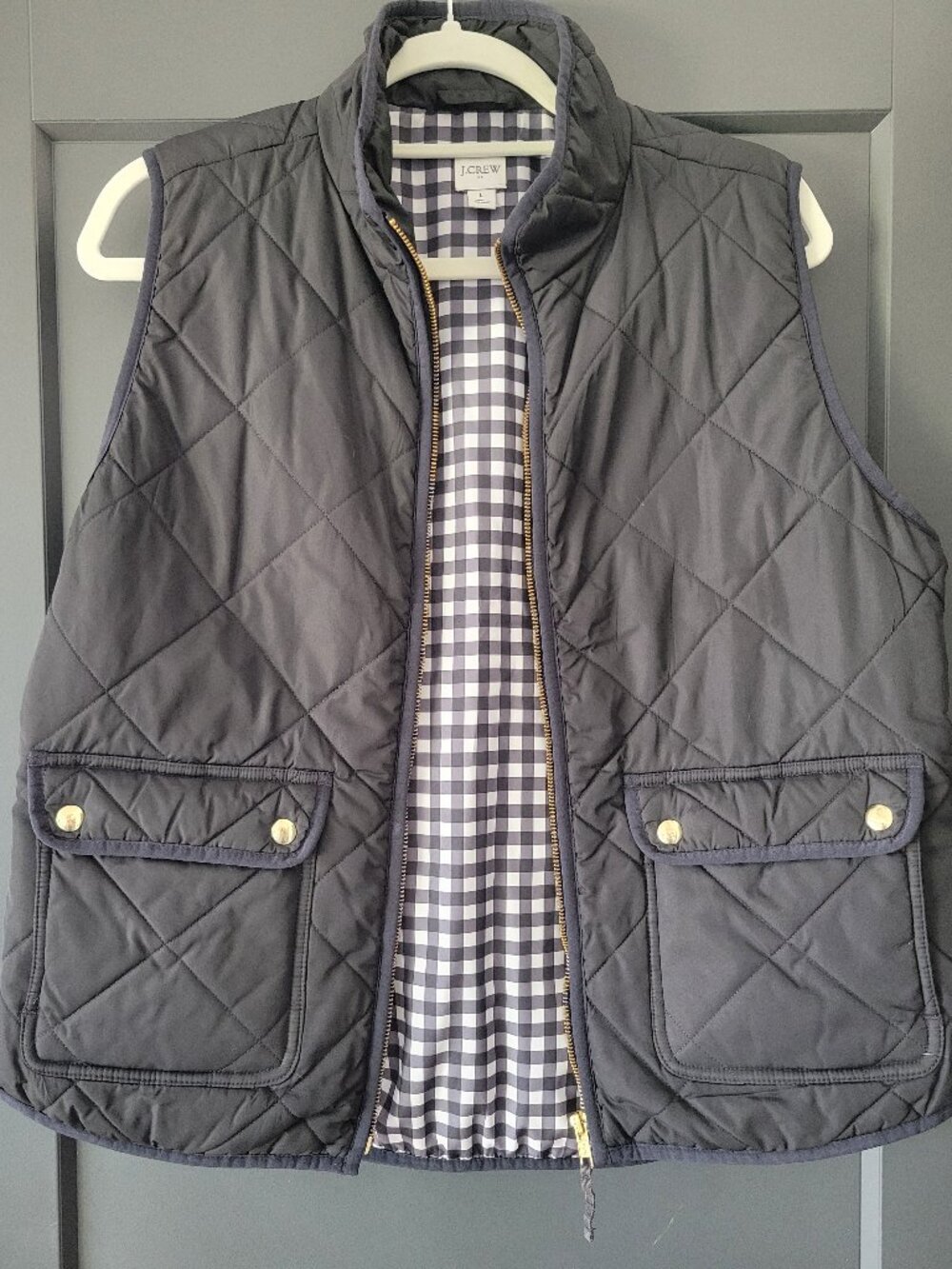 J Crew Quilted Vest L Black Snap Pockets Equestrian Preppy Lightweight Layers